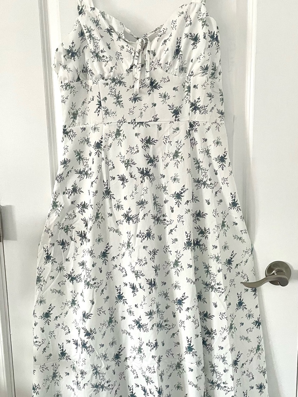 White Floral Print Milkmaid Style Midi Dress with Lace Up back and Ankle Slit
